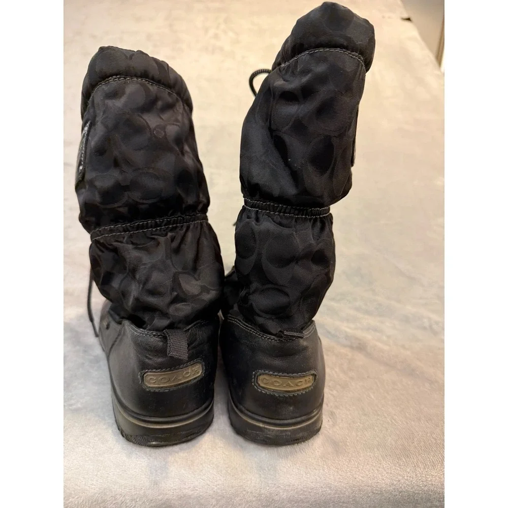 Coach Black Signature Monogram Leather Nylon Snow Winter Boots Mid-Calf Womens‎